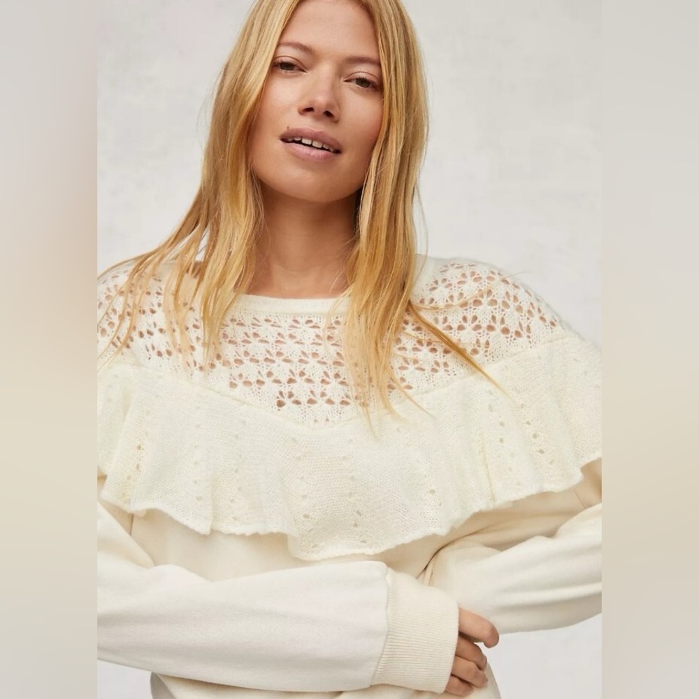 By Anthropologie Cream sweater with Crochet knit details